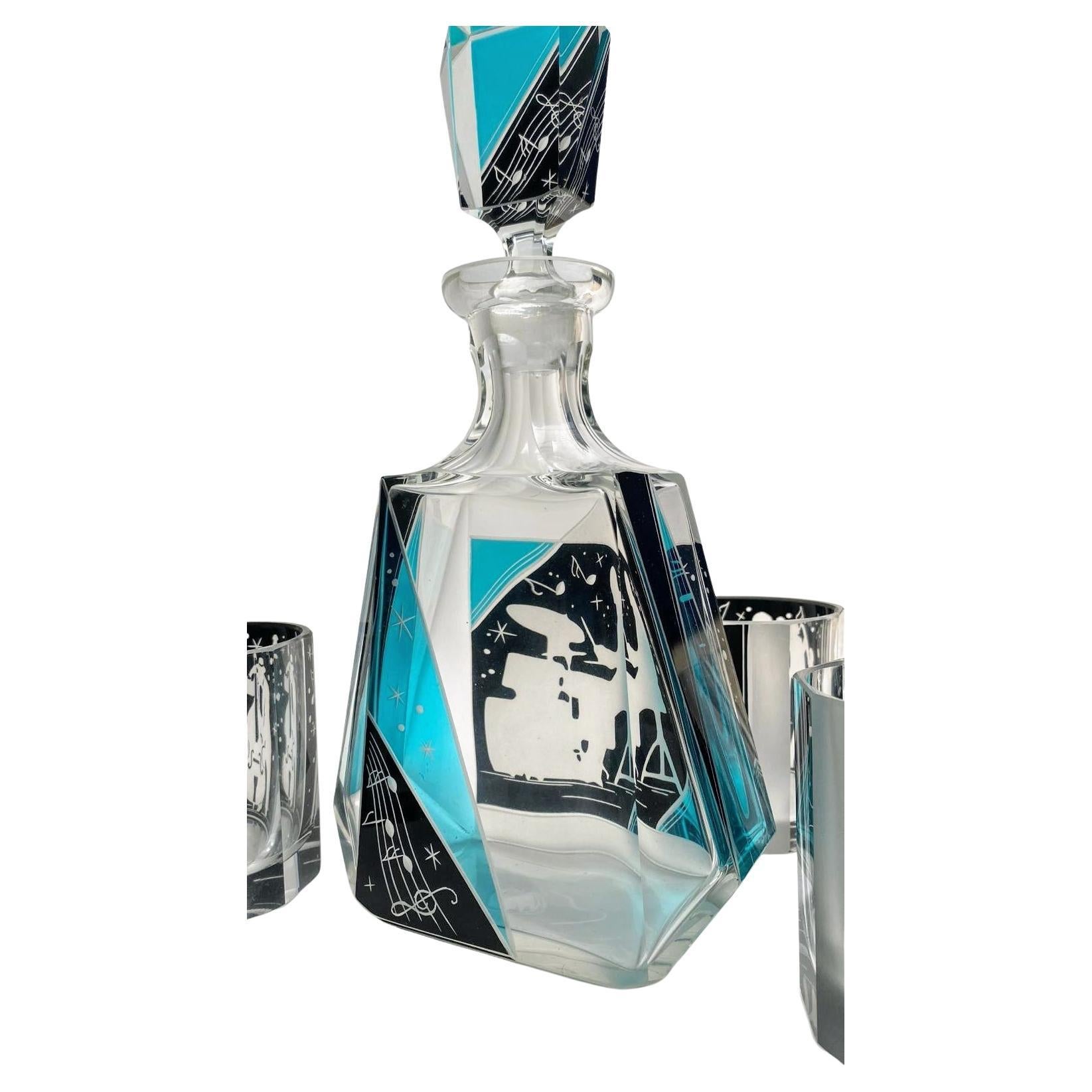 20th Century Art Deco 'Jazz Man' Glass Decanter Set with 6 Matching Glasses, c1930 For Sale