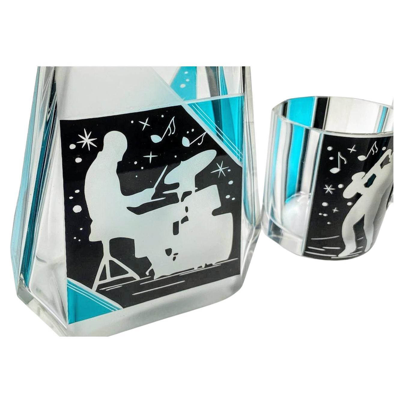 Enameled Art Deco 'Jazz Man' Glass Decanter Set with 6 Matching Glasses, c1930 For Sale