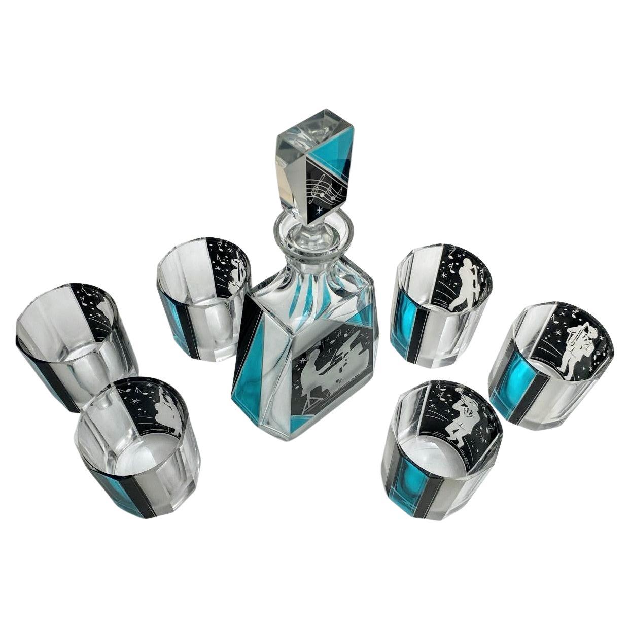 Czech Art Deco 'Jazz Man' Glass Decanter Set with 6 Matching Glasses, c1930 For Sale