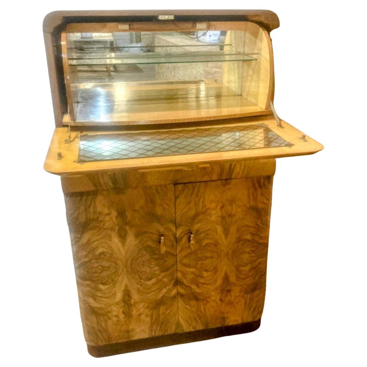 Mirror Art Deco Figured Walnut Dry Bar Cocktail Cabinet, English, c1930 For Sale