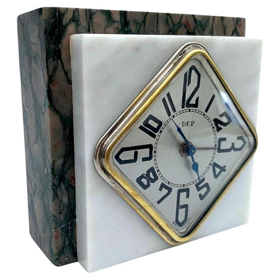 Stylish Art Deco Small Marble & Chrome Clock With Alarm By DEP, French, C1930