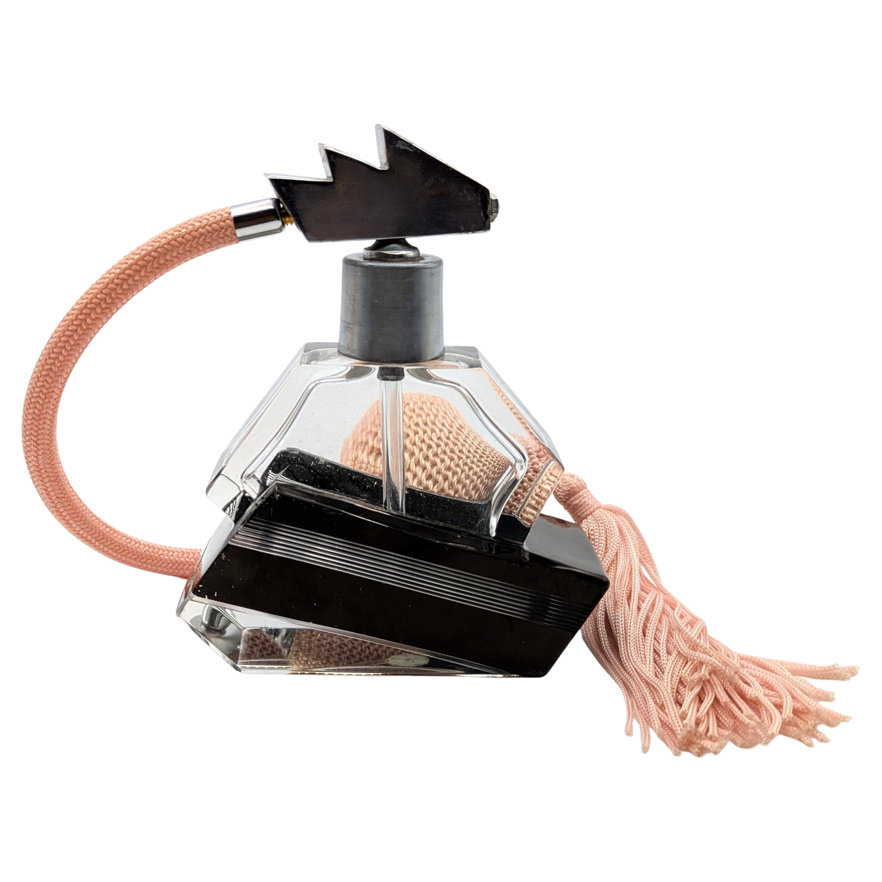 Art Deco Enamelled Glass 
Chrome Geometric Perfume Atomiser, c1930 For Sale