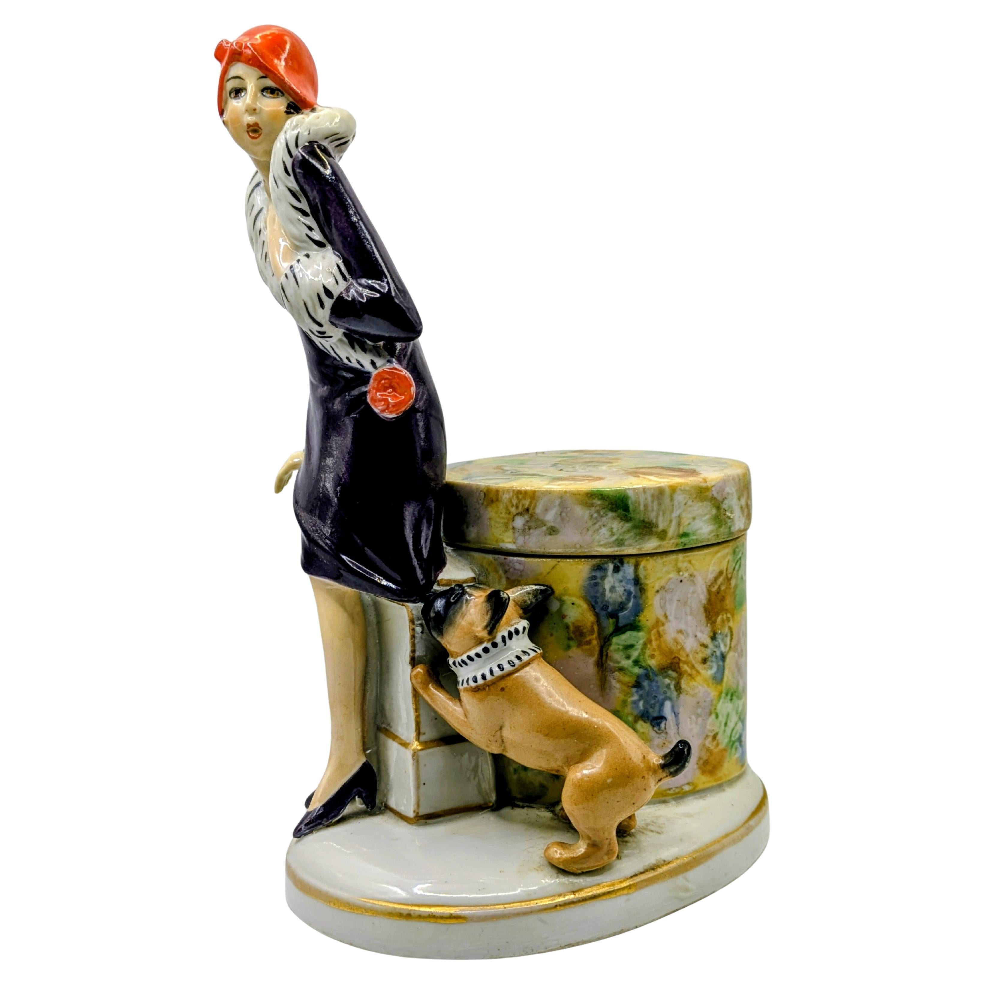 Art Deco Porcelaine Flapper Girl Half Doll Dresser Powder/ Trinket Box circa 1930