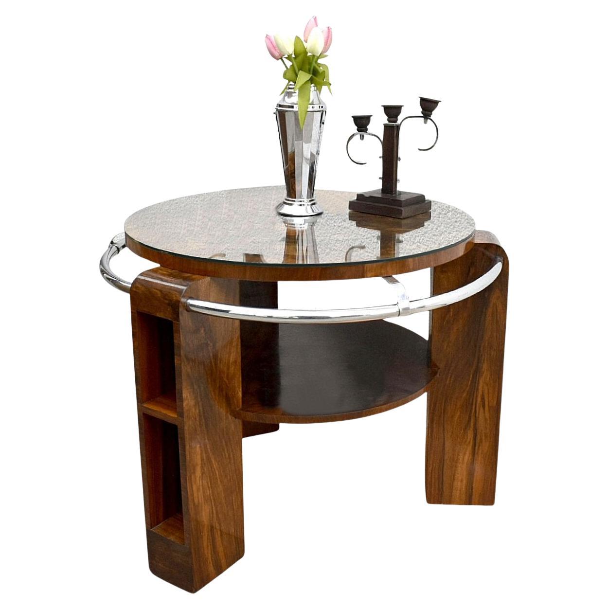 Art Deco High End Two Tier Walnut & Chrome Table, England, c1930