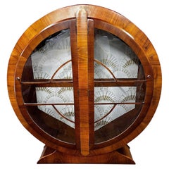 Art Deco Circular Walnut Vitrine Display Cabinet, English, c1930