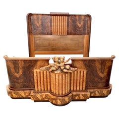Spettacolare letto super king size in noce in stile Art Déco, italiano, 1930 circa