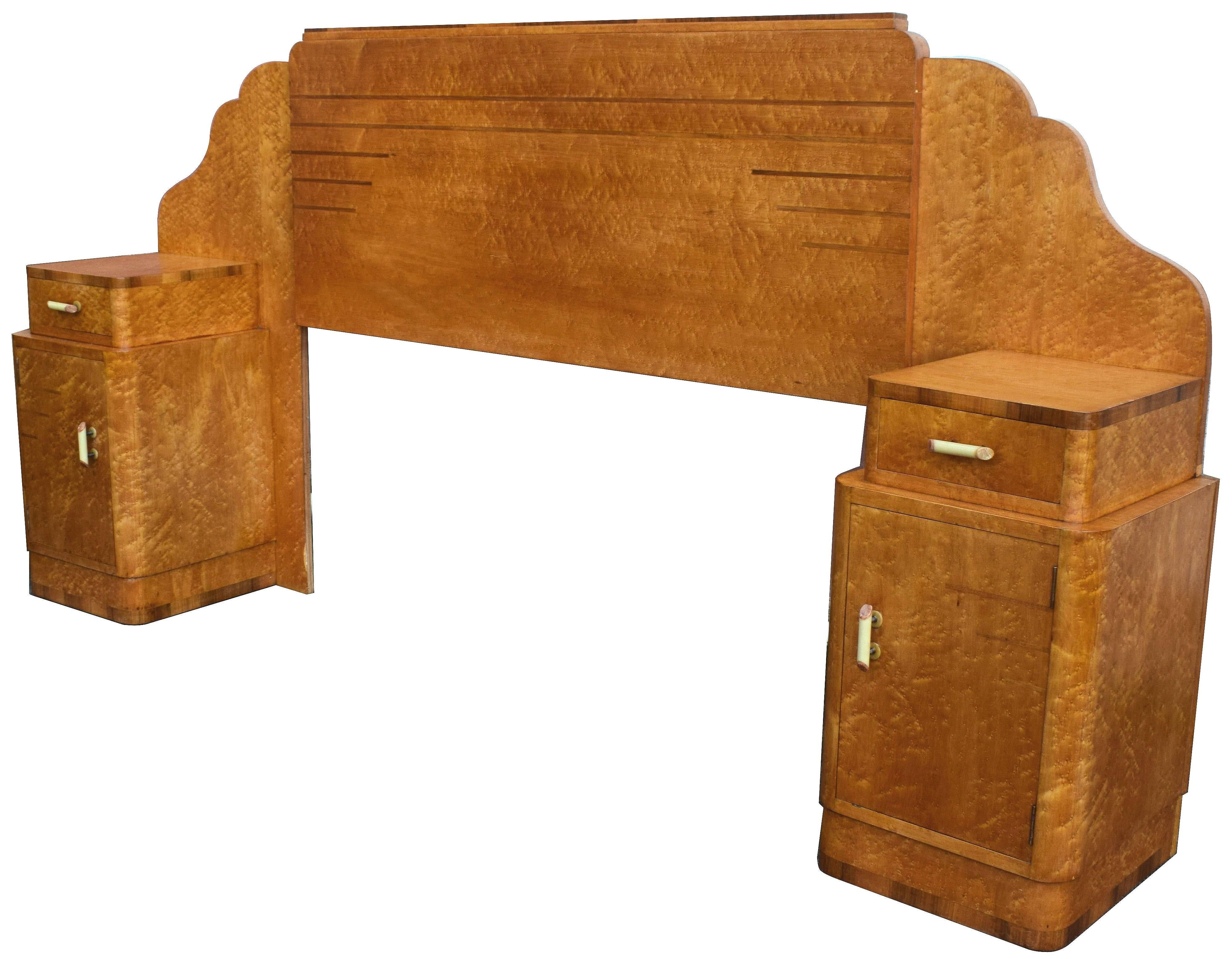 Wonderfully stylish and so indicative of this bygone era is this king-size bed. Veneered in bird's-eye Maple with walnut feather banding to eccentuate the cabinets and overall odeon or cloud shape. The blonde colouring would easily integrate this