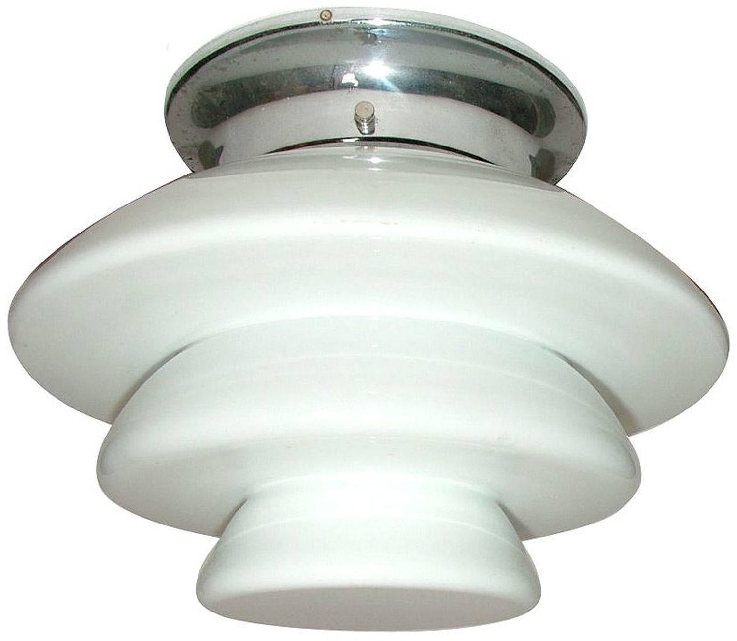 Fabulous 1930s Art Deco white milk glass ceiling light in a chrome gallery. Ideal for low ceilings. Great for modernist / modern interiors anything from kitchen to bathroom. Uses normal sized English bayonet fitting.