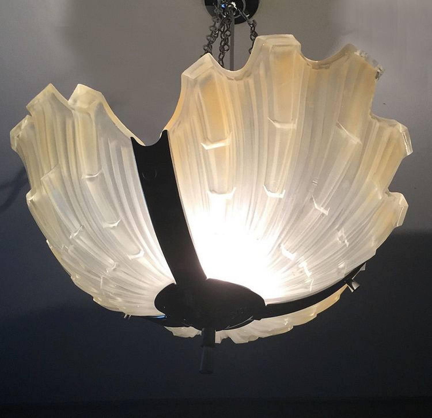 English Art Deco Beige Opaque Shell Ceiling Light
