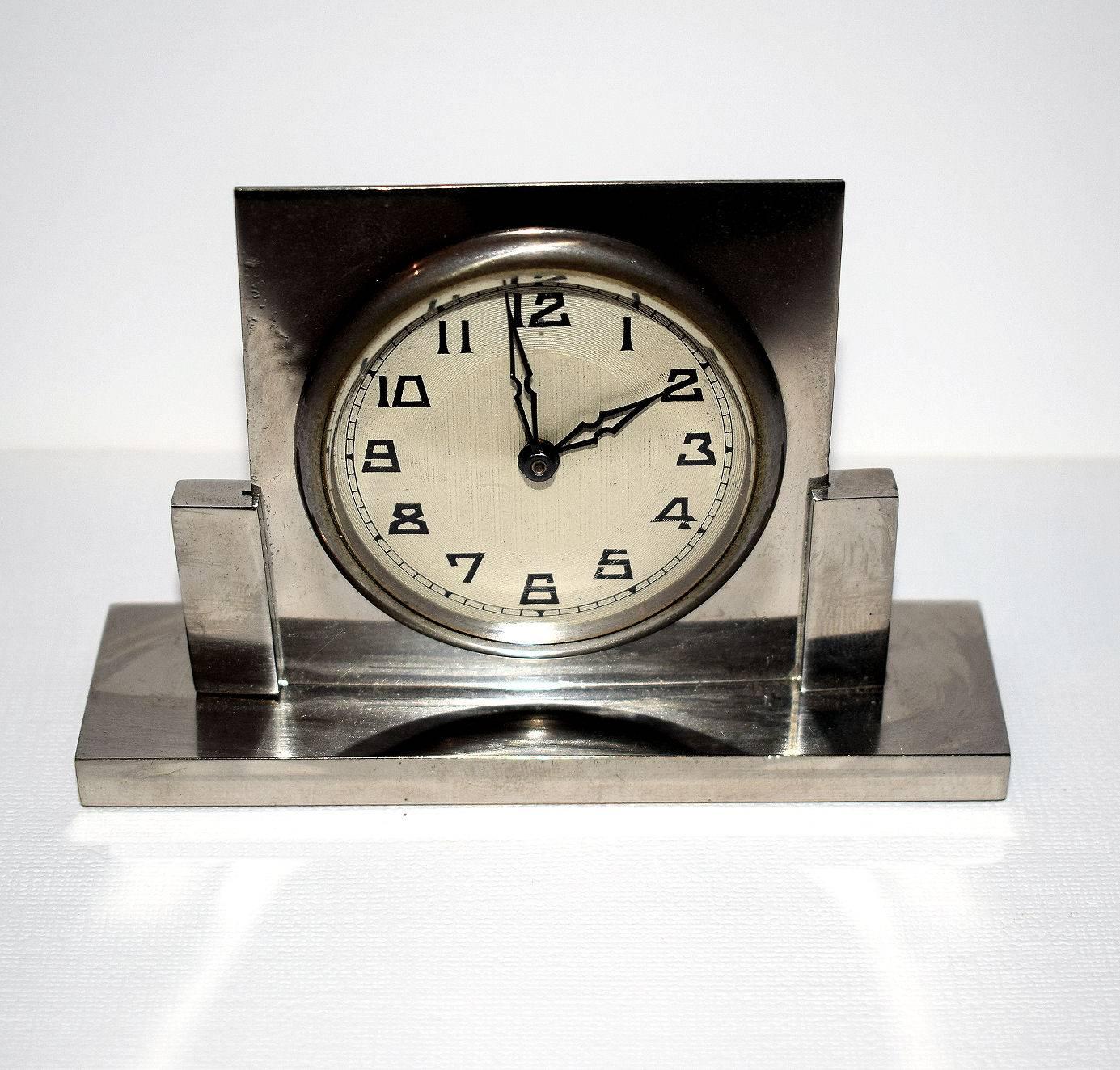 Brass French 1930s Art Deco Miniature Chrome Clock