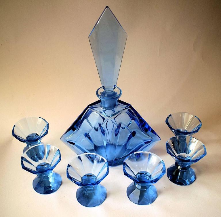 1930s, Art Deco Czech Blue Glass Decanter Set at 1stDibs