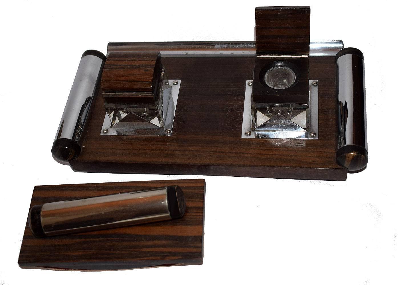 French Impressive 1930s Art Deco Desk Set in Chrome and Massacar Wood