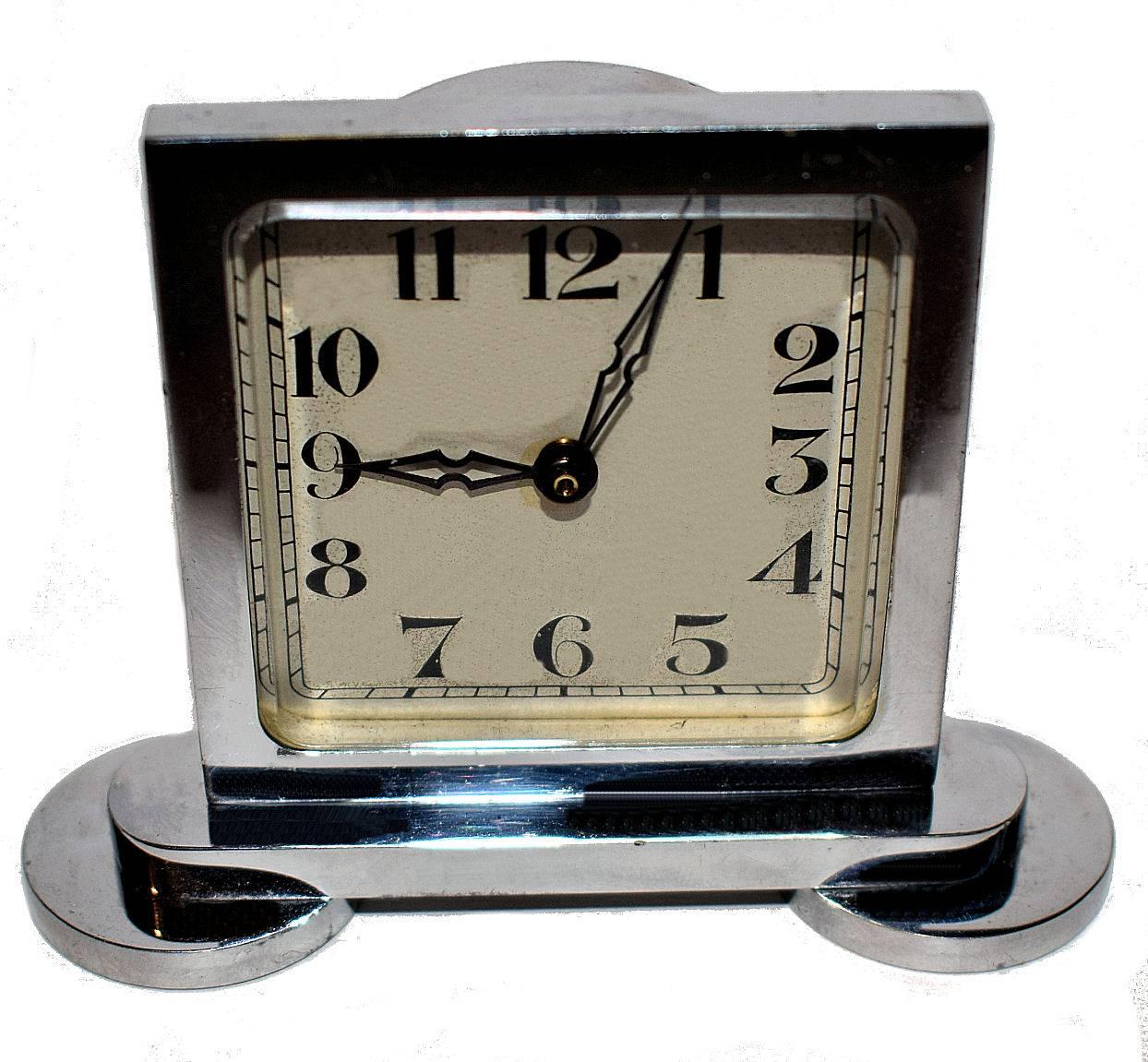 European Original 1930s Art Deco Miniature Chrome Clock