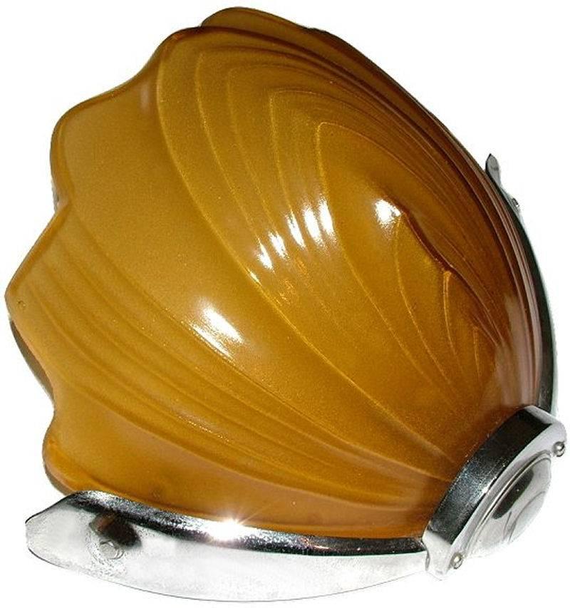 Superbly stylish matching pair of 1930s Art Deco amber petal wall lights, in excellent condition with minimal signs of age. The back plates are highly polished chrome which contrasts beautifully with the glass shades. This particular style of Art