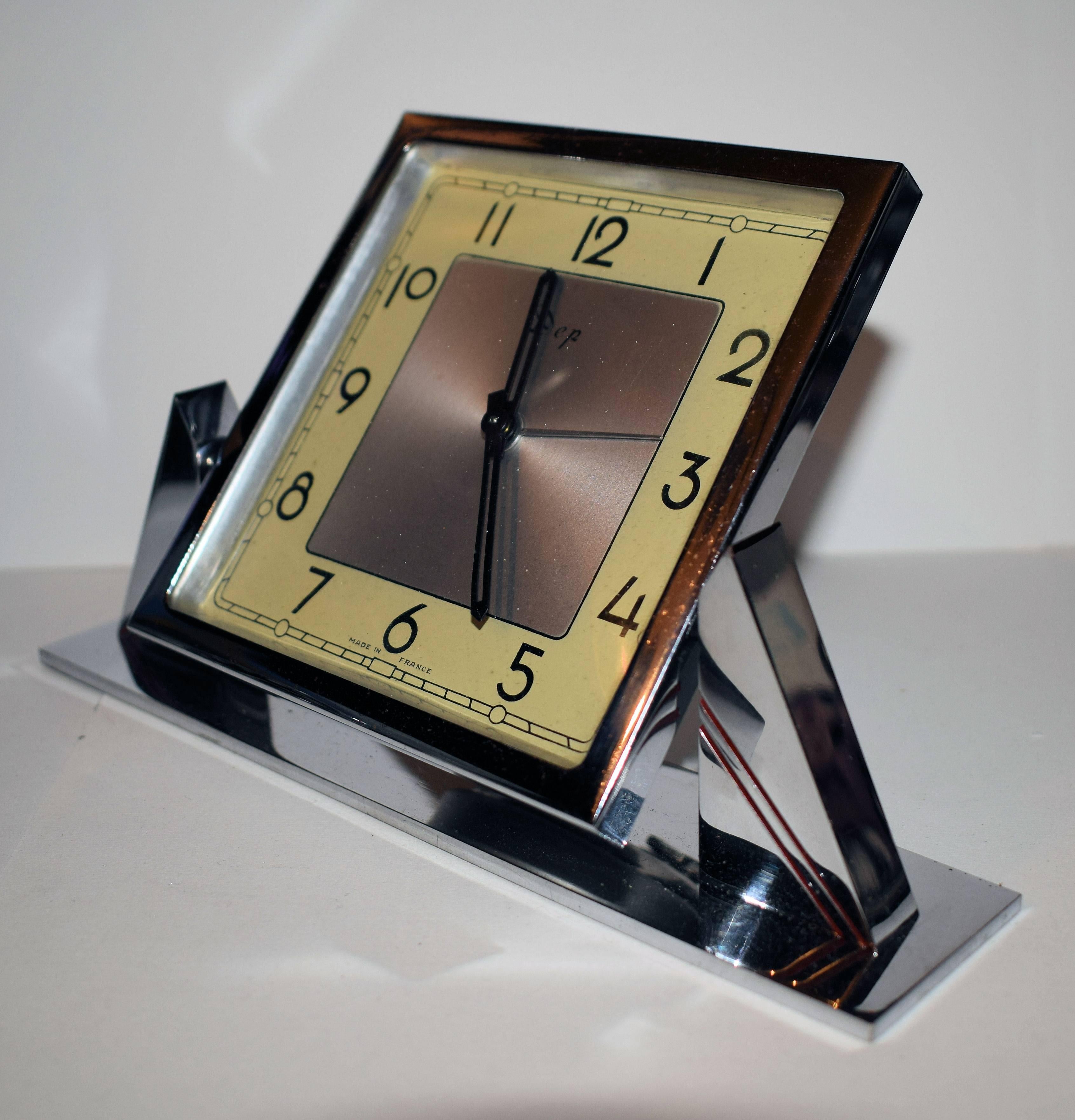 French Original 1930s Art Deco Chrome Clock by Dep
