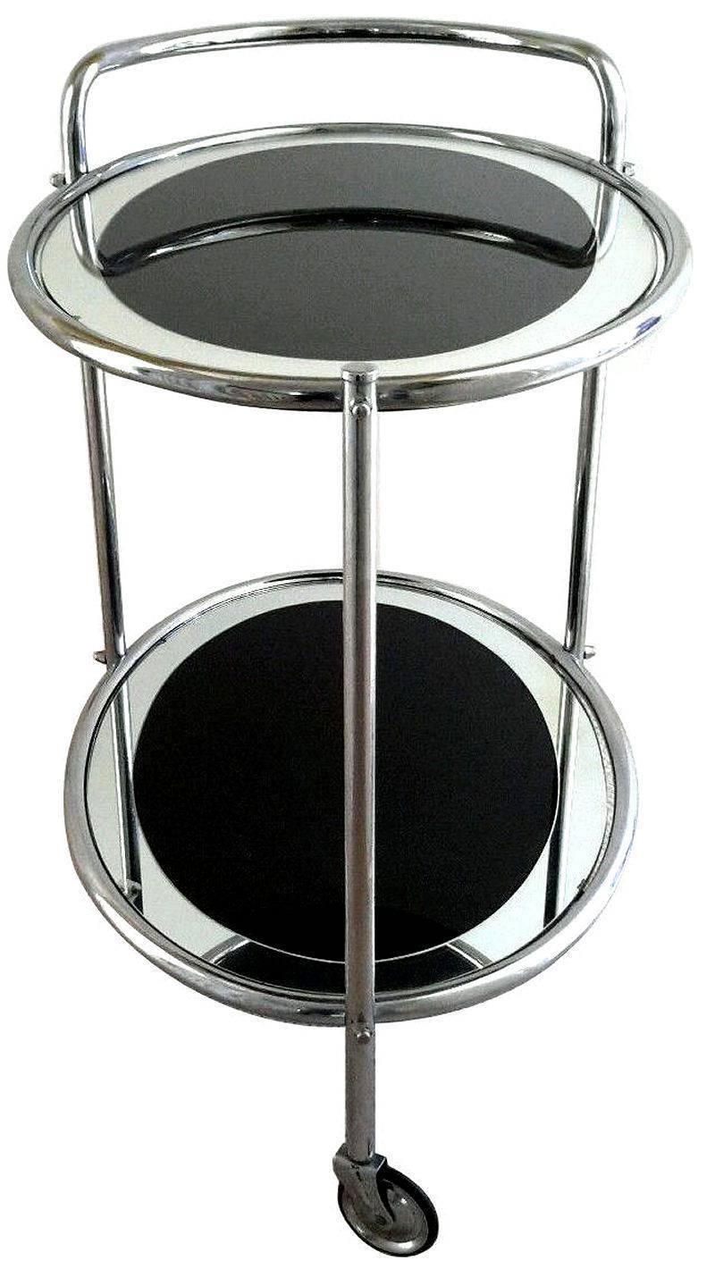 Now this really is a fabulous hostess trolley! Original 1930s Art Deco chrome two-tier trolley, with black and mirrored edged glass, very glam! All totally original and in great condition. These are fab for displaying cocktail shakers, glass and