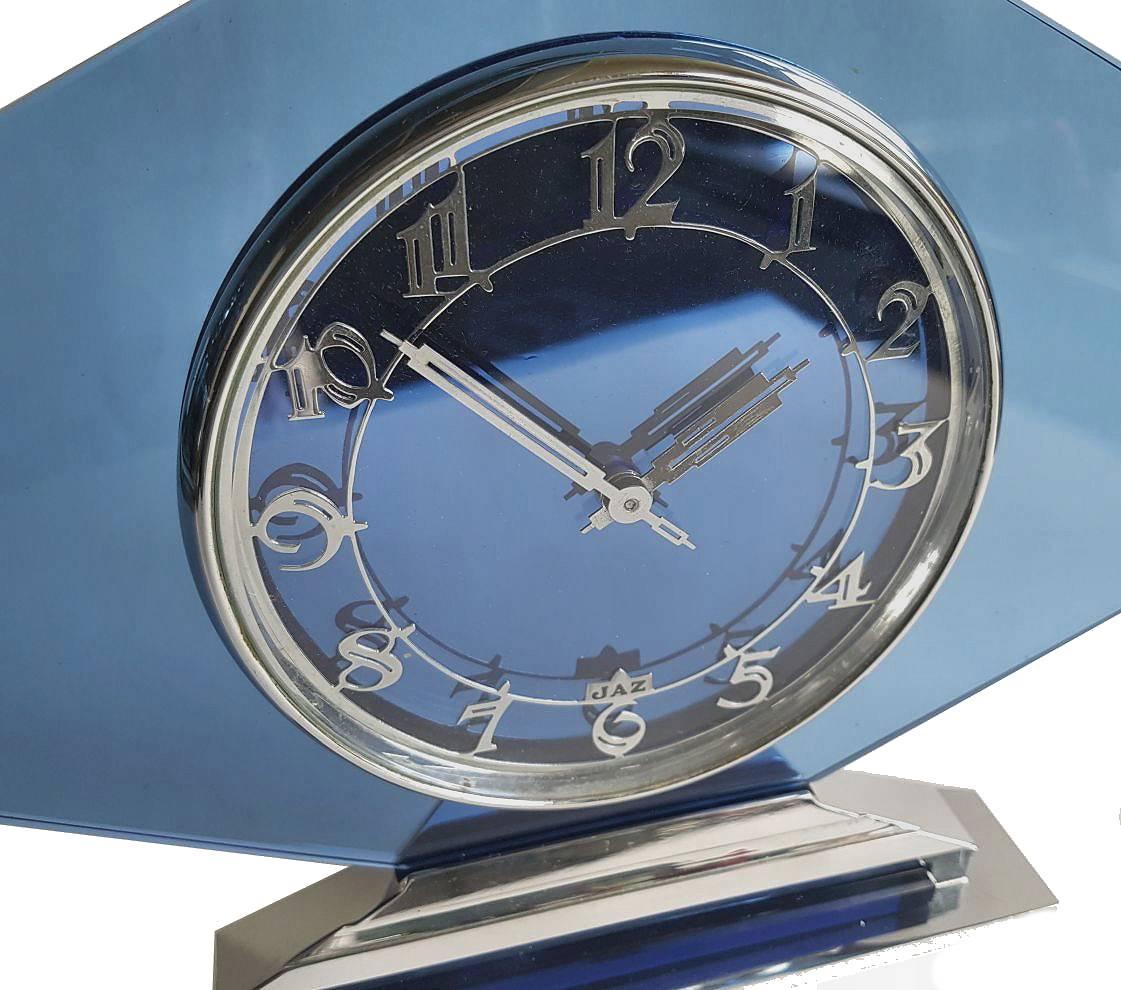 Large 1930s Art Deco French Blue Glass and Chrome Clock by Jaz In Excellent Condition In Devon, England