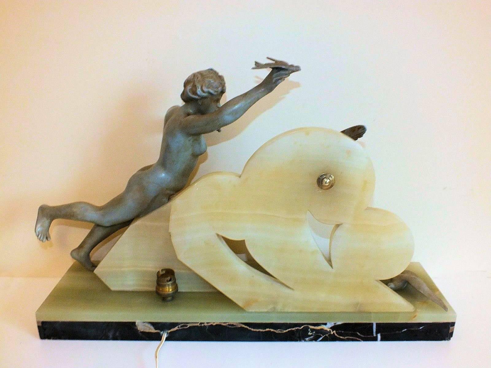 Onyx Very Large and Impressive 1930s Art Deco Figurative French Lamp