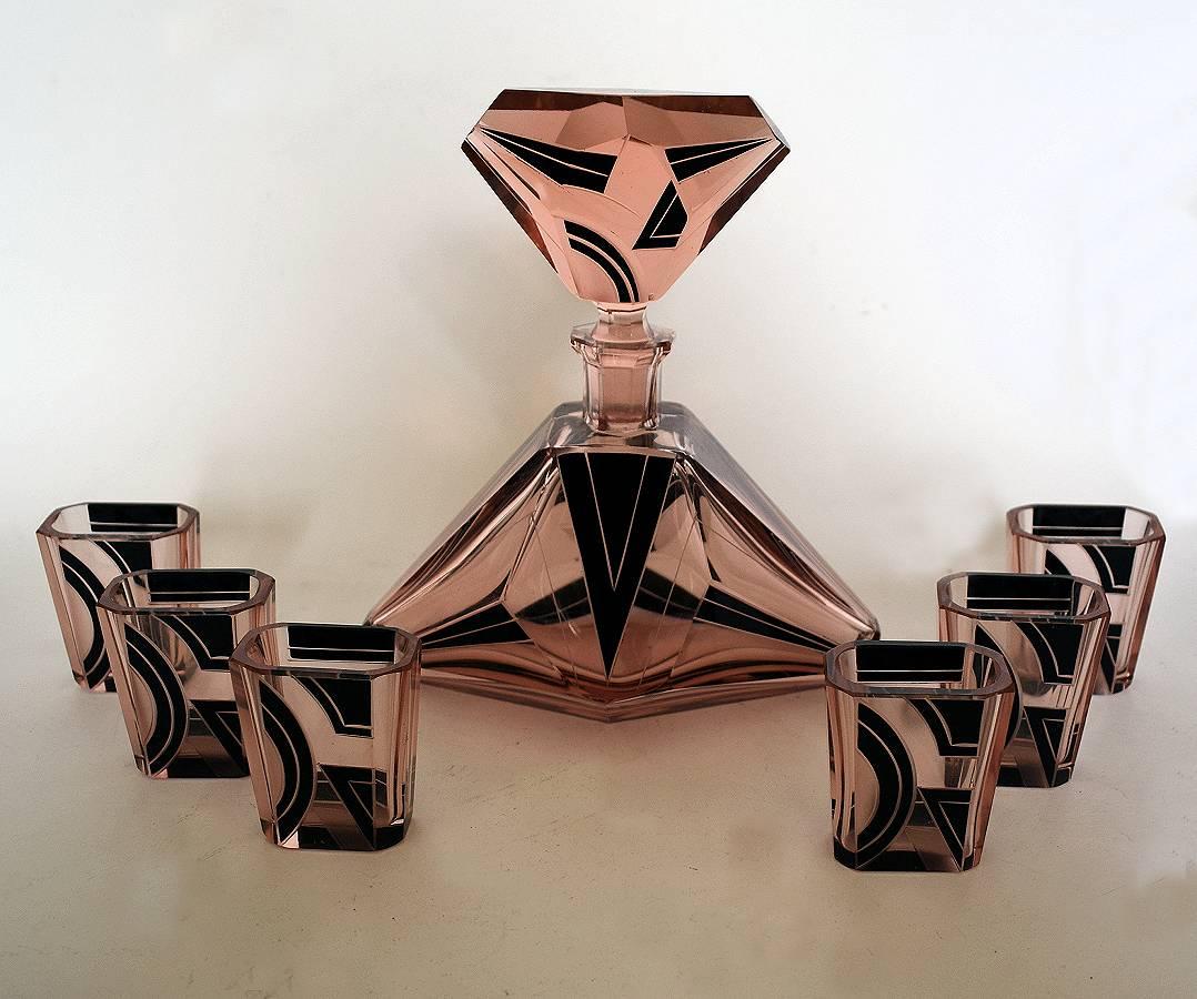 Enameled Original Art Deco Geometric Czech Glass Decanter Set