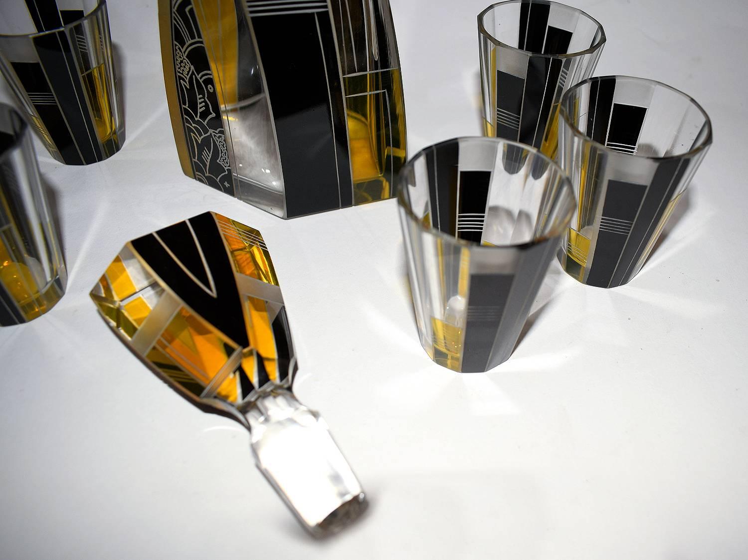 1930s Art Deco Glass Decanter Set by Karl Palda In Excellent Condition In Devon, England