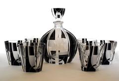 High Style Art Deco Whisky Glass and Enamel Decanter Set by Karl Palda