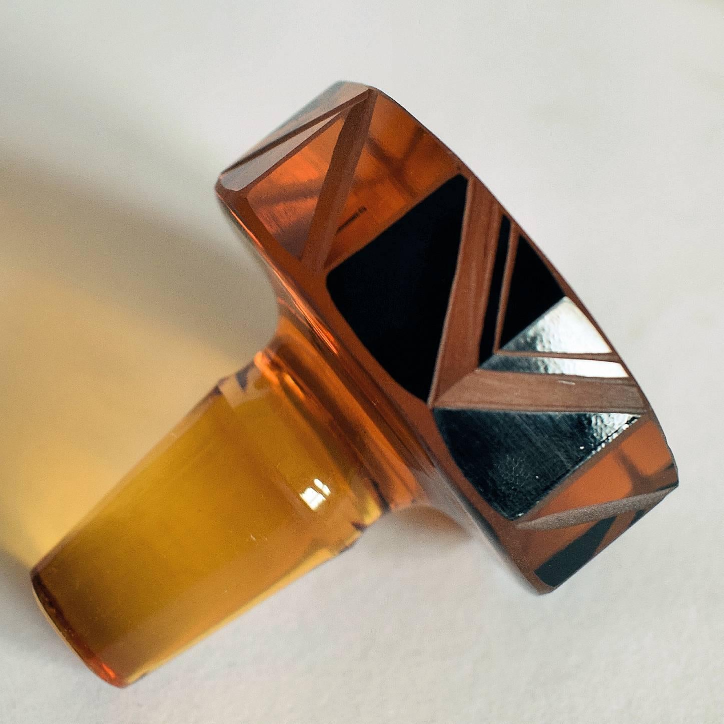 Enameled 1930s Art Deco Amber Glass and Enamel Decanter Set