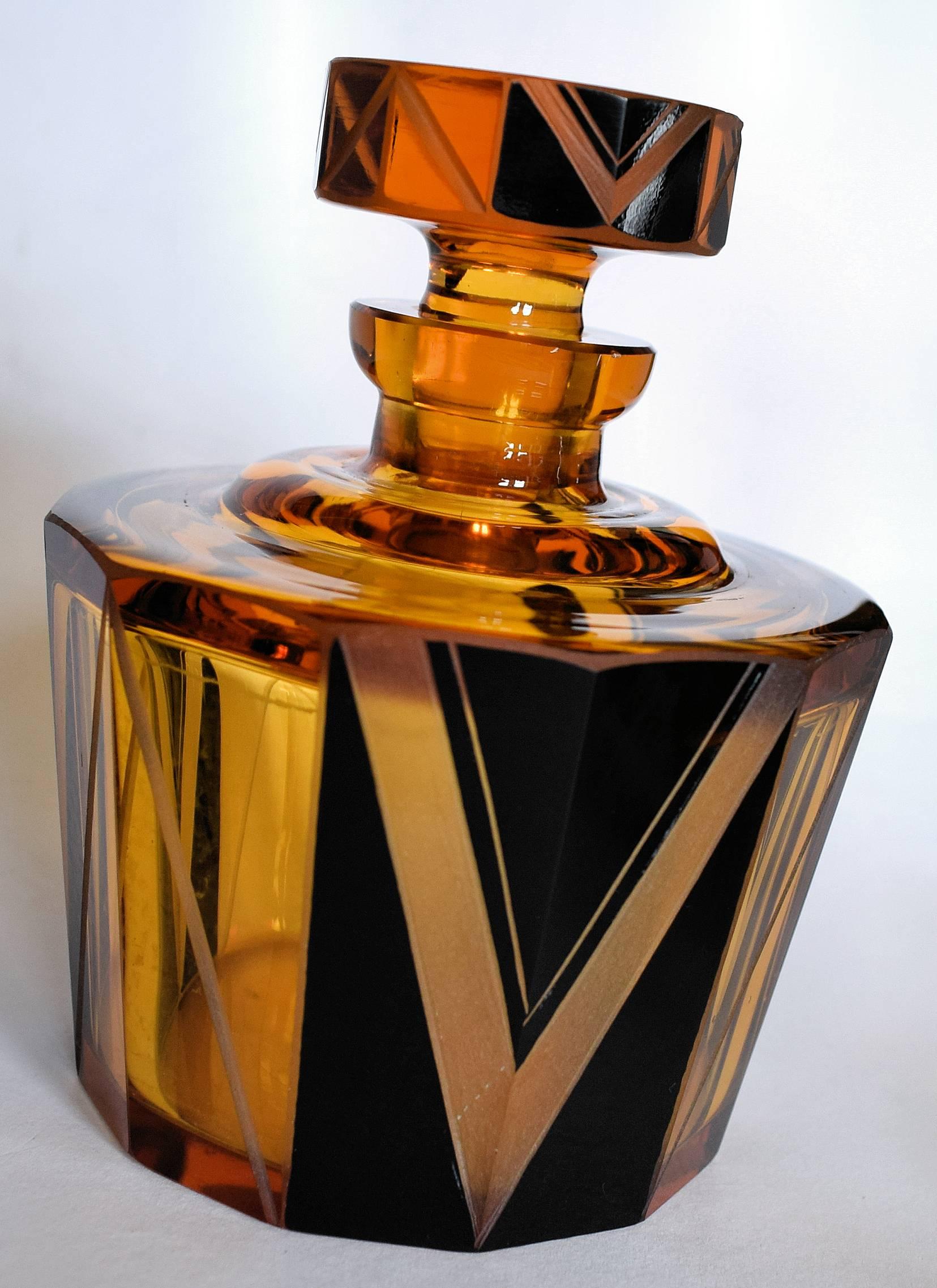 1930s Art Deco Amber Glass and Enamel Decanter Set In Excellent Condition In Devon, England