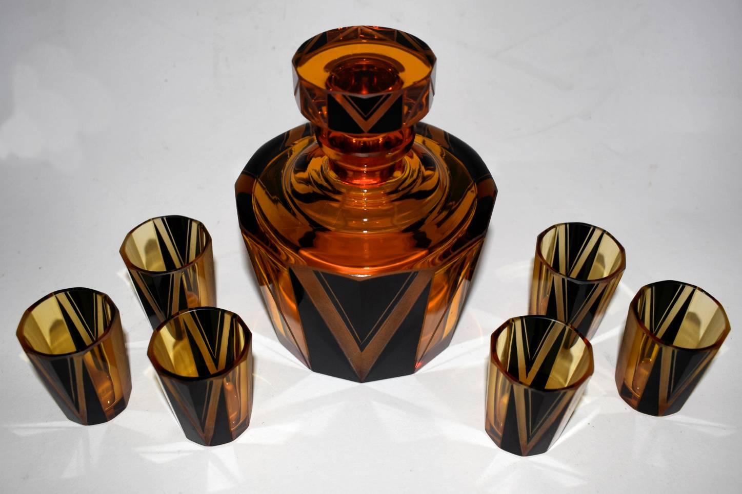 20th Century 1930s Art Deco Amber Glass and Enamel Decanter Set