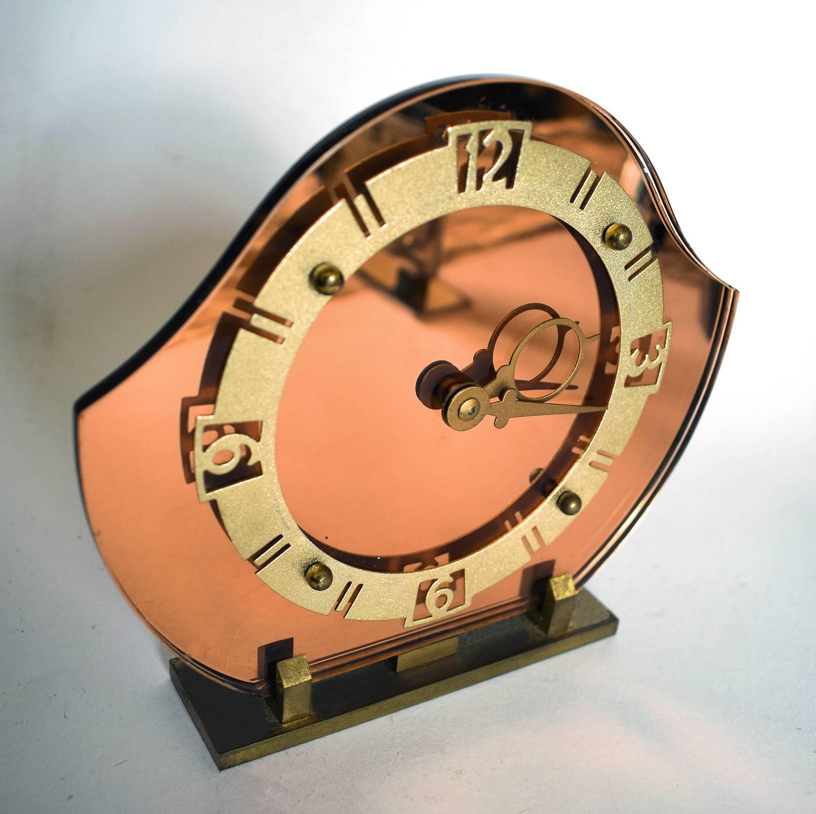 Art Deco English Mirror and Gilt Clock In Excellent Condition In Devon, England