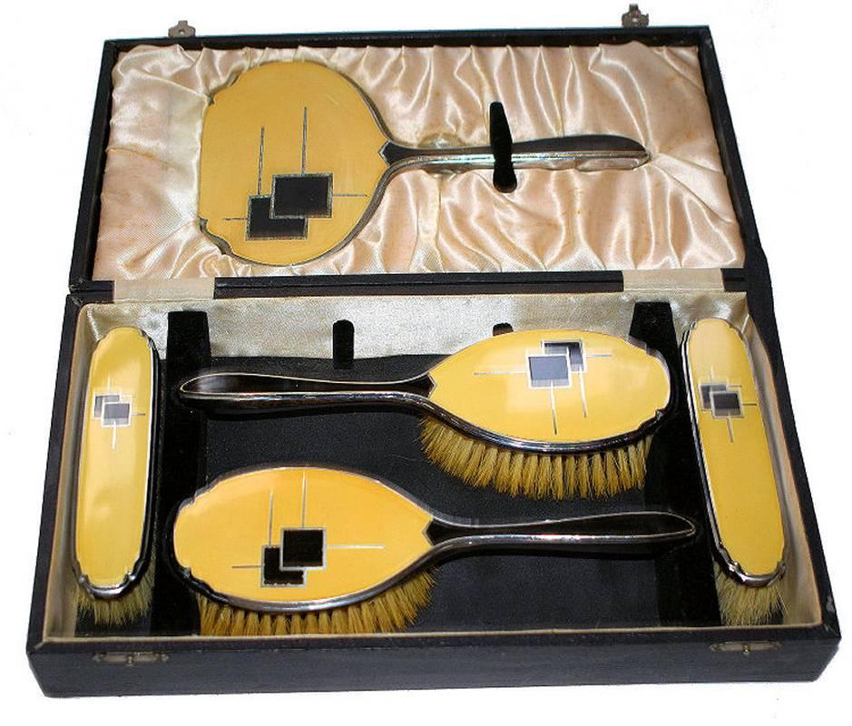 Enameled Rare Ladies 1930s Art Deco Dressing Brush Box Set