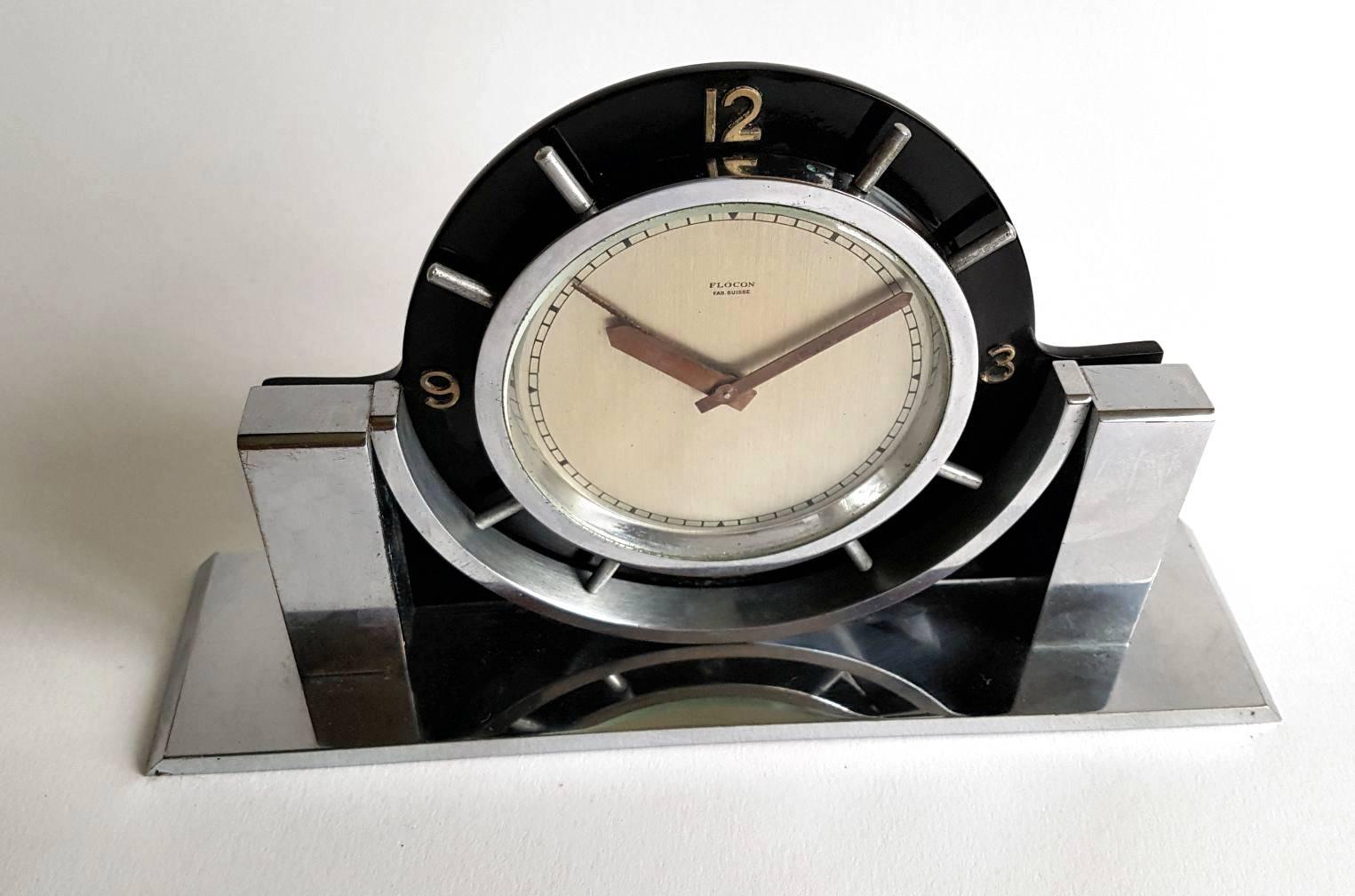 Swiss Art Deco Modernist ImHof Eight Day Alarm Clock in Black Celluloid and Chrome