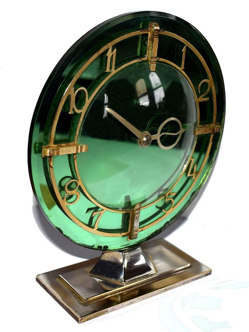 Art Deco English Modernist Green Mirror Clock by Smiths In Good Condition In Devon, England