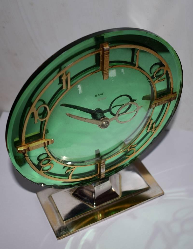 20th Century Art Deco English Modernist Green Mirror Clock by Smiths
