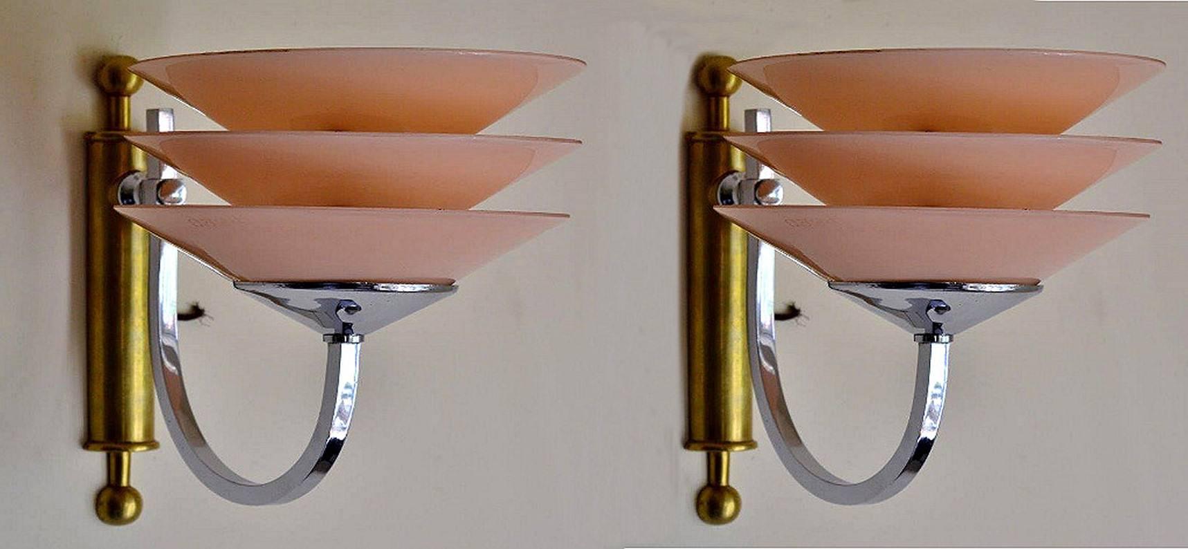 Brass Rare Machine Age Art Deco Pair of English Wall Light Sconces