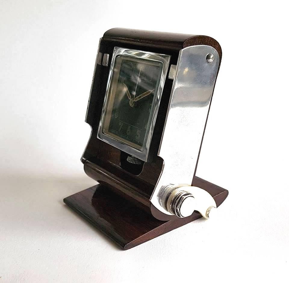 European Art Deco Stylish UTI Streamline Travel Clock in a Rosewood Case