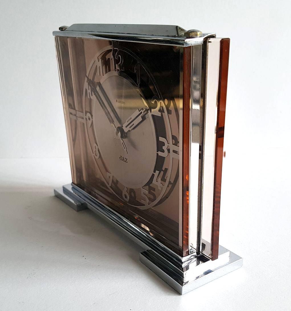 French Art Deco Glass and Chrome 8 Day Clock by JAZ
