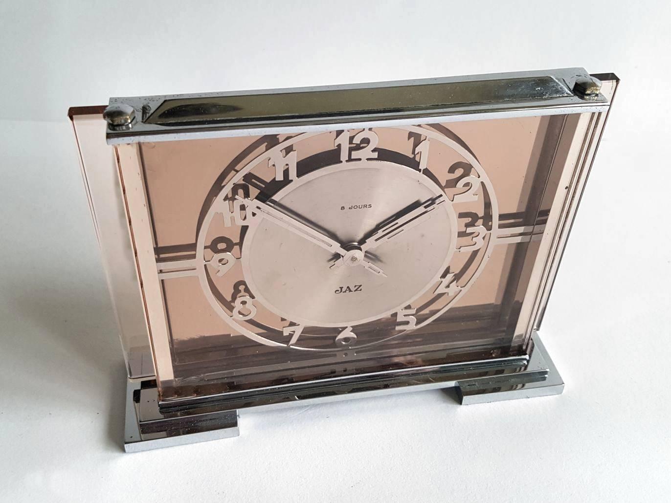 Art Deco Glass and Chrome 8 Day Clock by JAZ In Excellent Condition In Devon, England