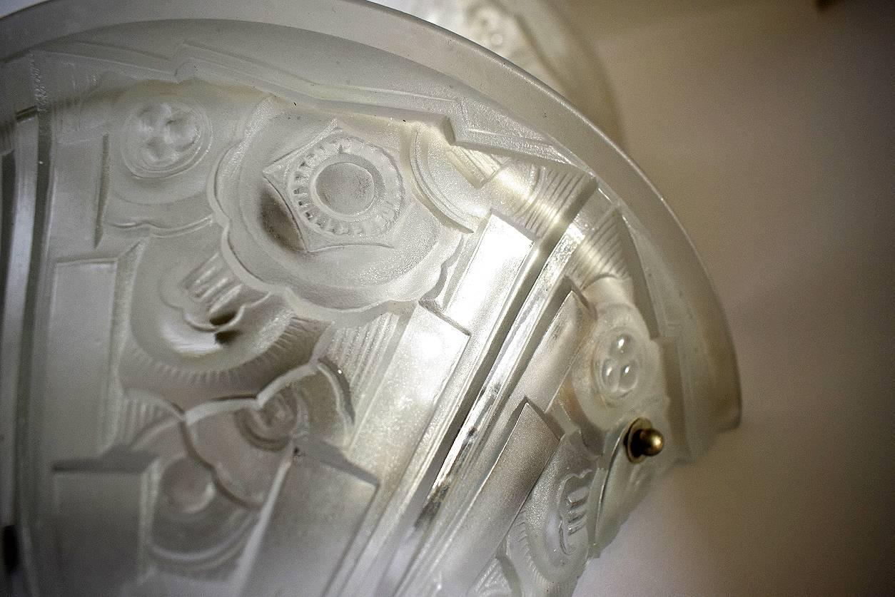 Brass Pair of French Art Deco Glass Wall Light Sconces
