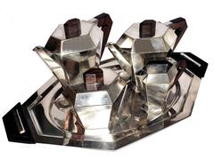 French Art Deco Cubist Silvered Plated Tea Set by Noel Collet