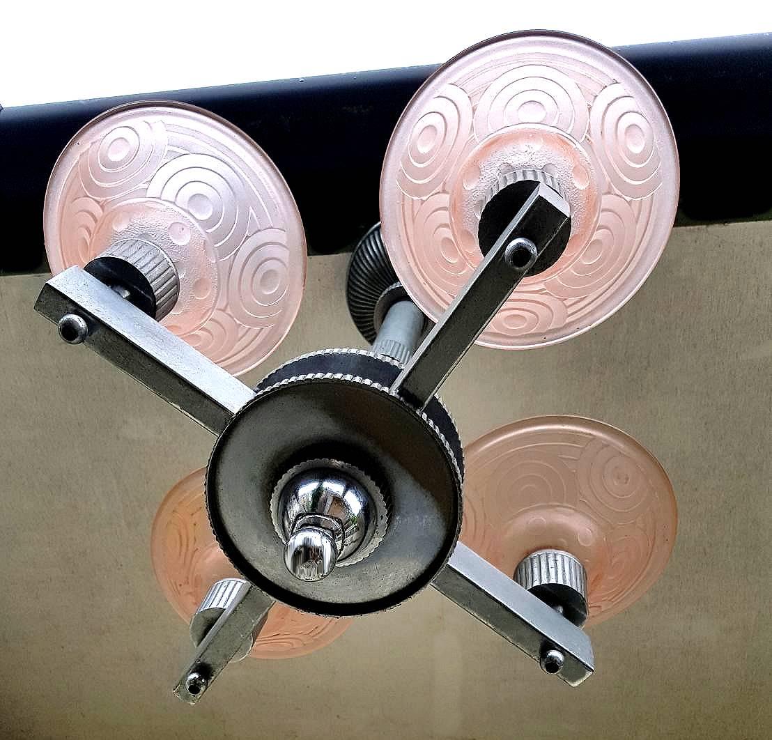 Polychromed Rare French Modernist Machine Age Ceiling Light