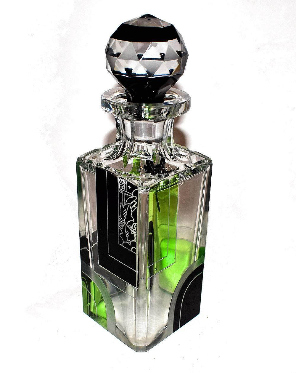 Very high quality, collectable 1930s Art Deco Czech whisky decanter set by Karl Palda. Features the Classic black geometric painted decorations to each piece. These Classic sets are rare and a beautiful addition to any Deco collection. No chips,