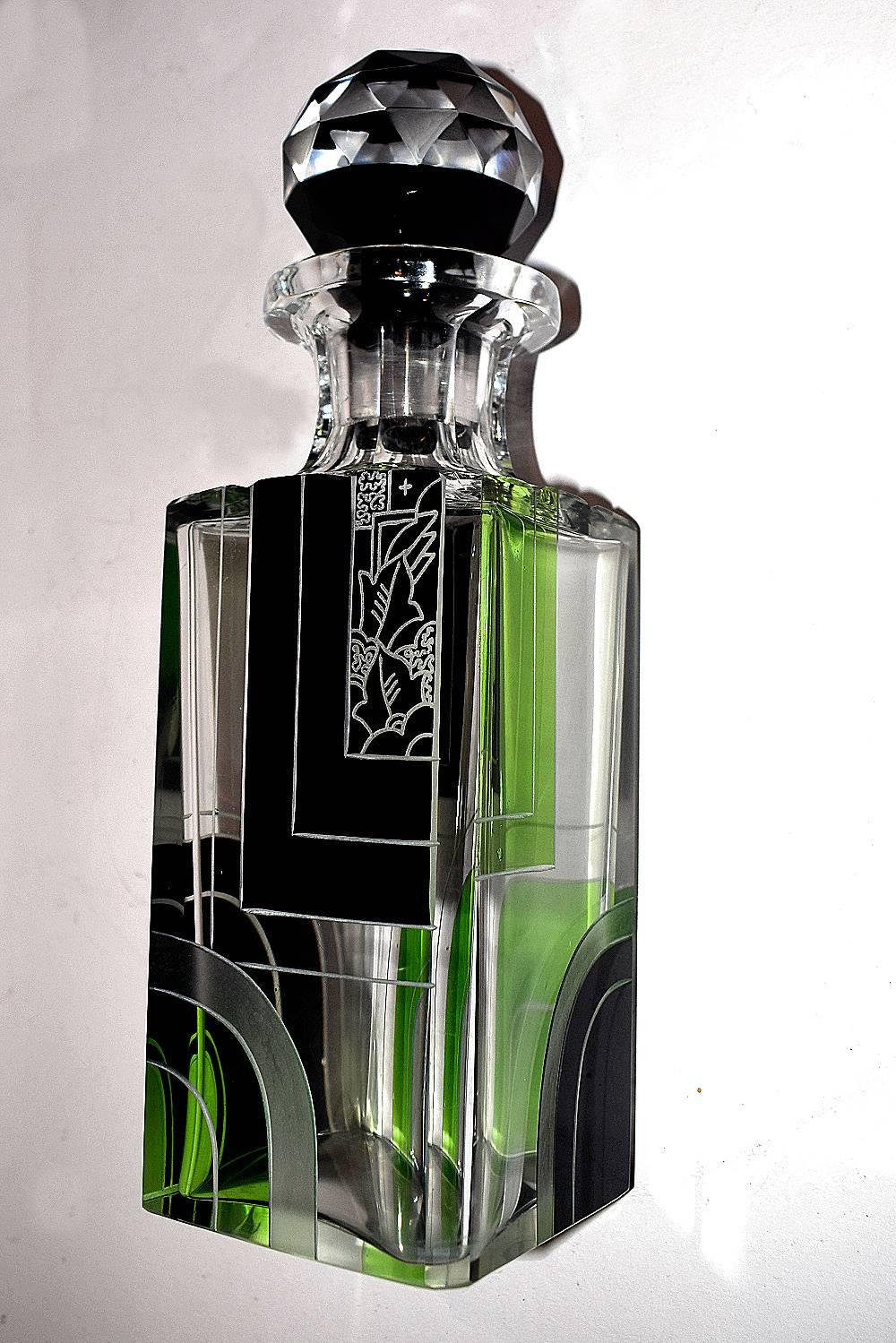 Glass 1930s Art Deco Czech Whisky Decanter Set by Karl Palda