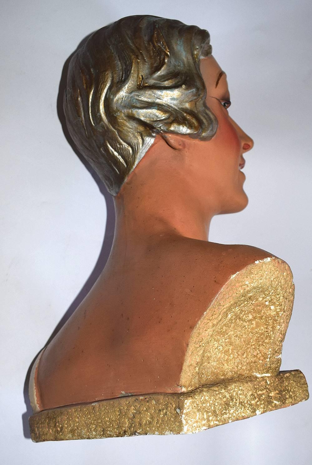 Wonderful and totally authentic almost life-size English mannequin bust. Manufactured from the 1920s through to the 1930s this beautiful figure would be Ideal for dressing tables to glam them up, can display hats and jewellery or just display her as