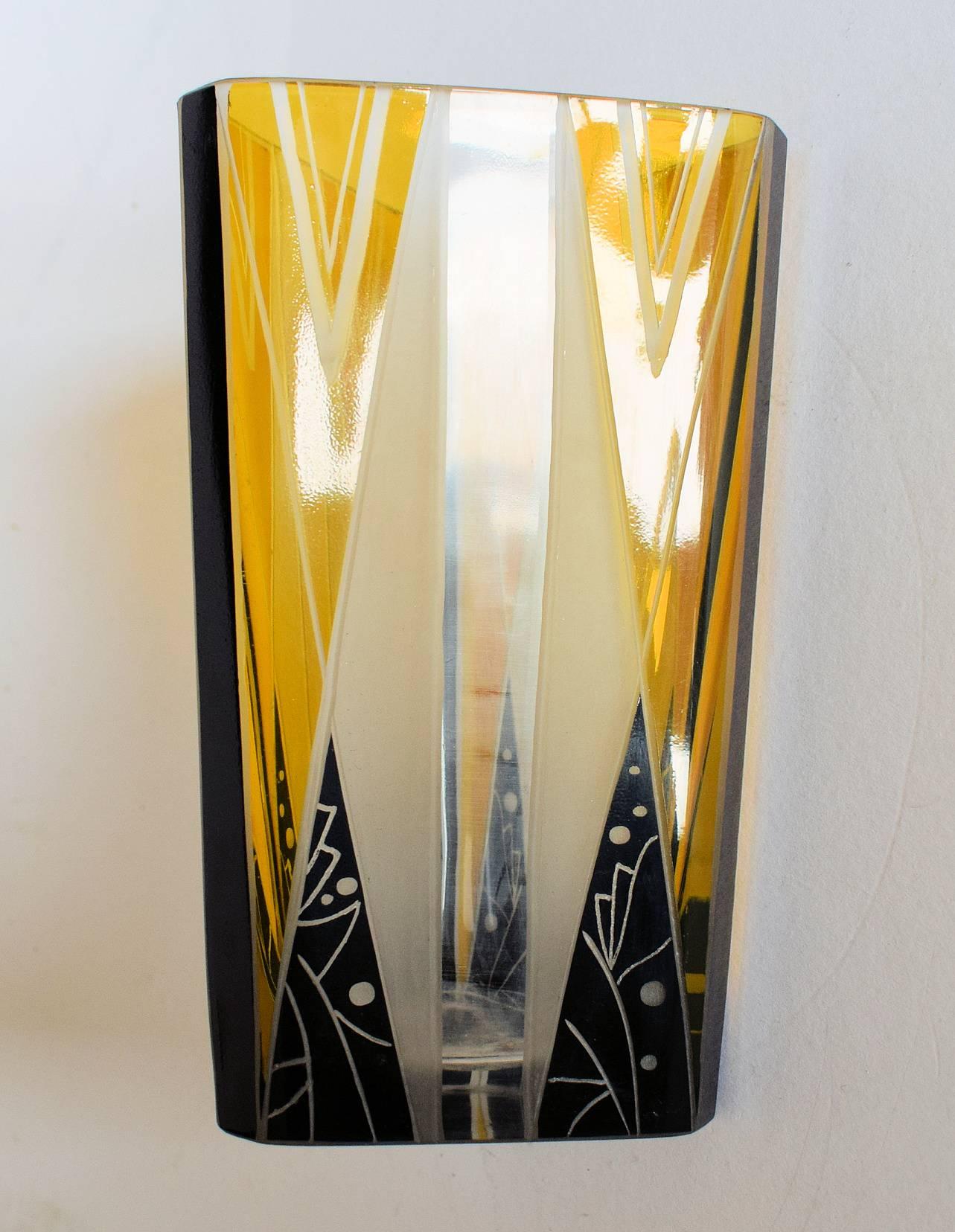 Fabulous Art Deco glass vase with super geometric enamel decoration, a wonderful piece for the discerning collector and those who appreciate the essence of style these pieces offer. Deceptively heavy and with vivid black and yellow enamel decoration