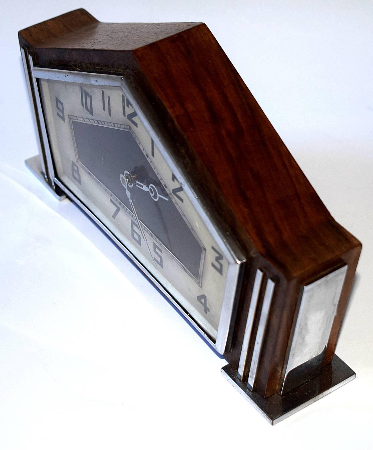 Great Britain (UK) English Art Deco Walnut and Chrome Mantle 8 Day Clock