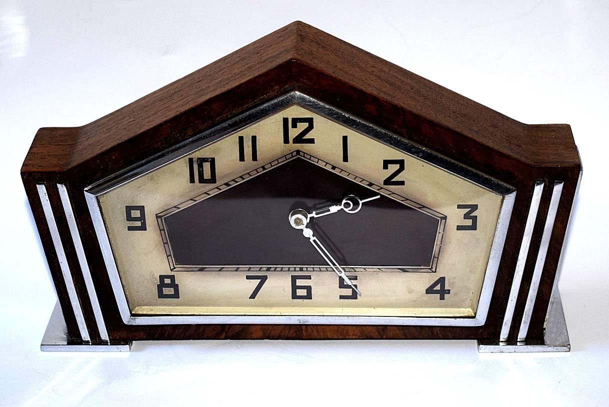 English Art Deco Walnut and Chrome Mantle 8 Day Clock In Excellent Condition In Devon, England