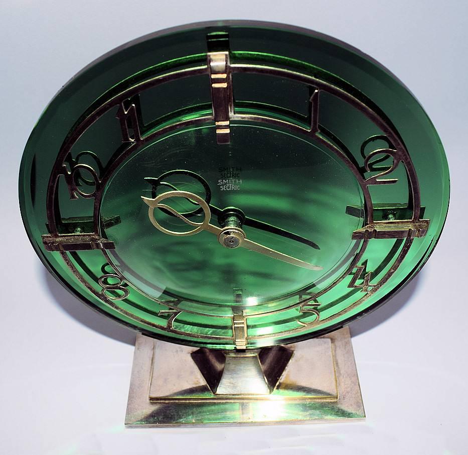 20th Century Art Deco English Smiths Green Mirrored Clock