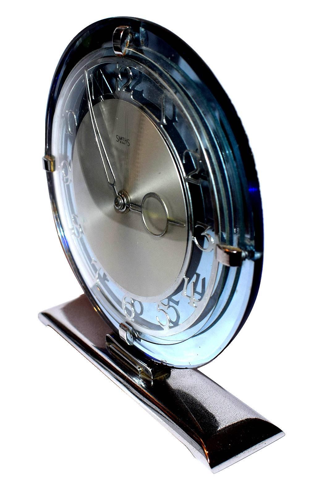 1930s Art Deco English Blue Mirror Clock by Smiths In Excellent Condition In Devon, England