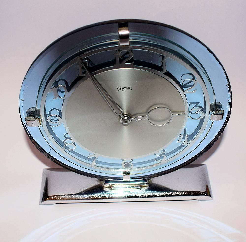 20th Century 1930s Art Deco English Blue Mirror Clock by Smiths