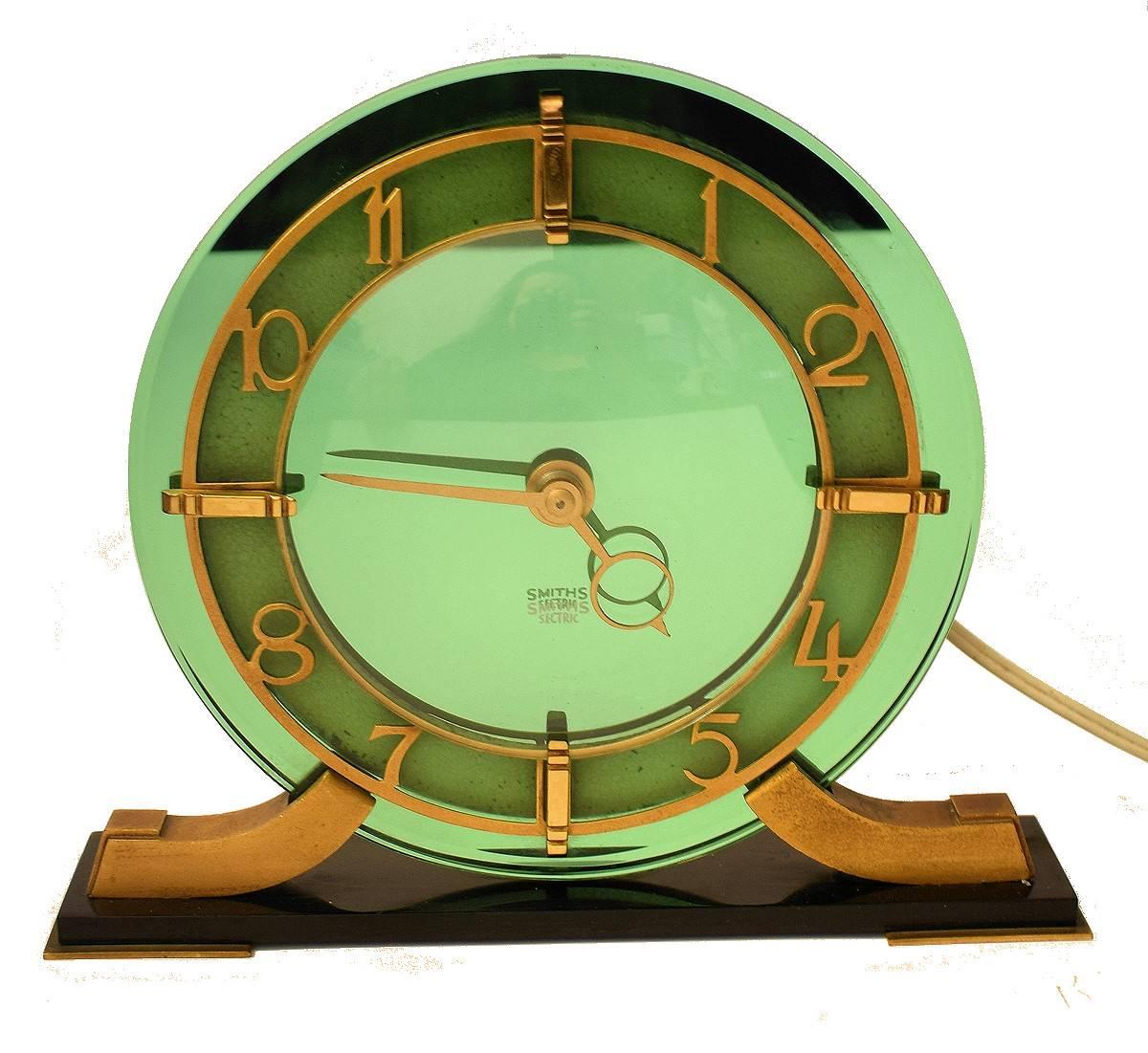 20th Century English Art Deco Green Mirror Clock by Smiths Clock Company